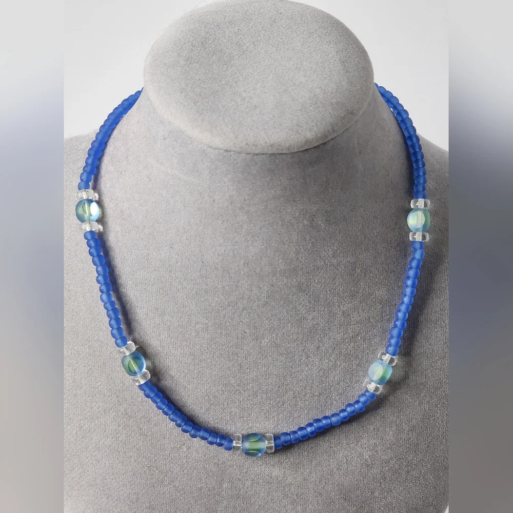 Blue Glass Beaded Choker Necklace